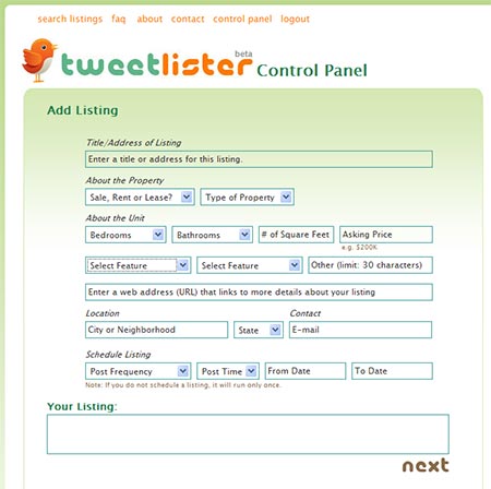 TweetLister's Add Listing Screen